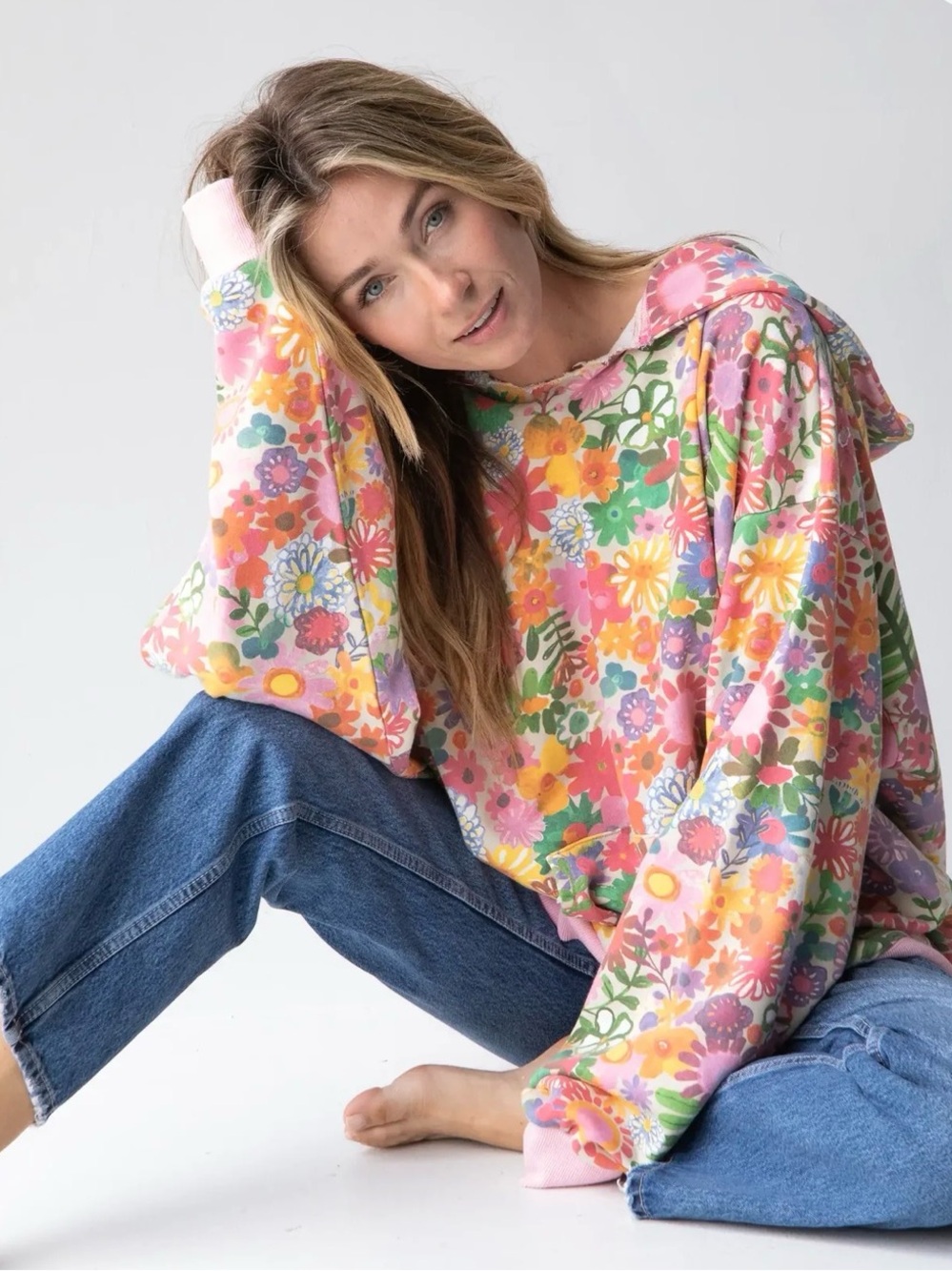 Natural Life Oversized Floral Pink Multicolor Hoodie Top